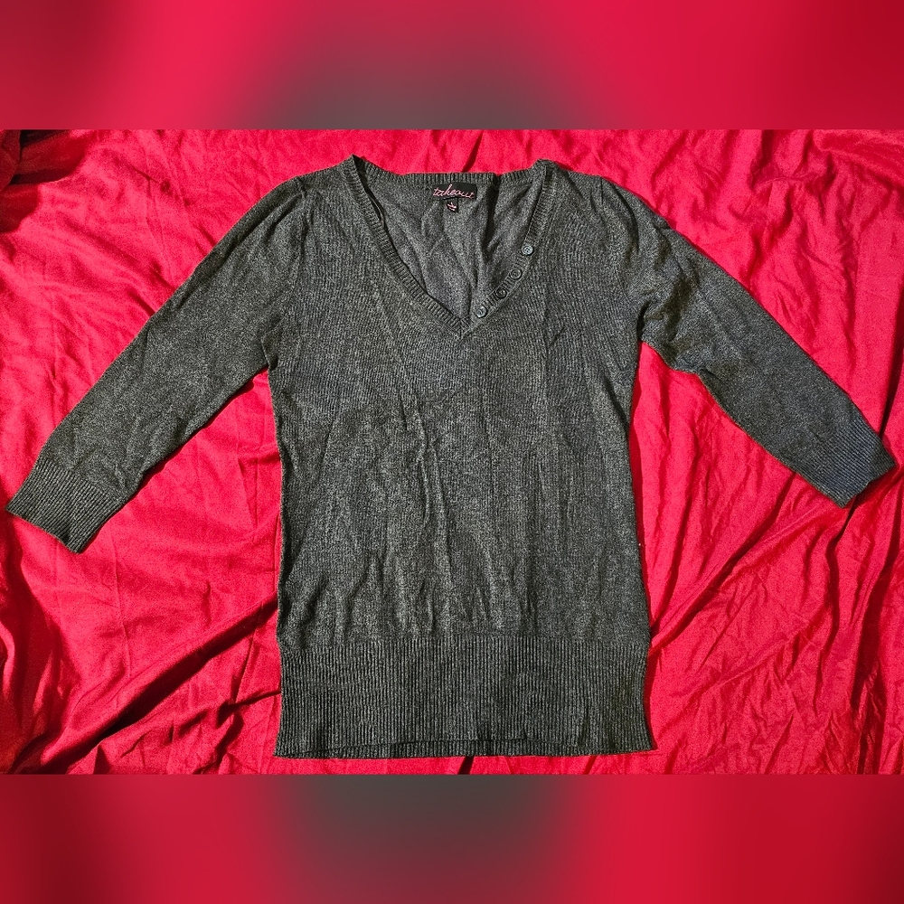 TAKEOUT Dark grey knit fitted sweater with 3/4 sleeves. Like new.